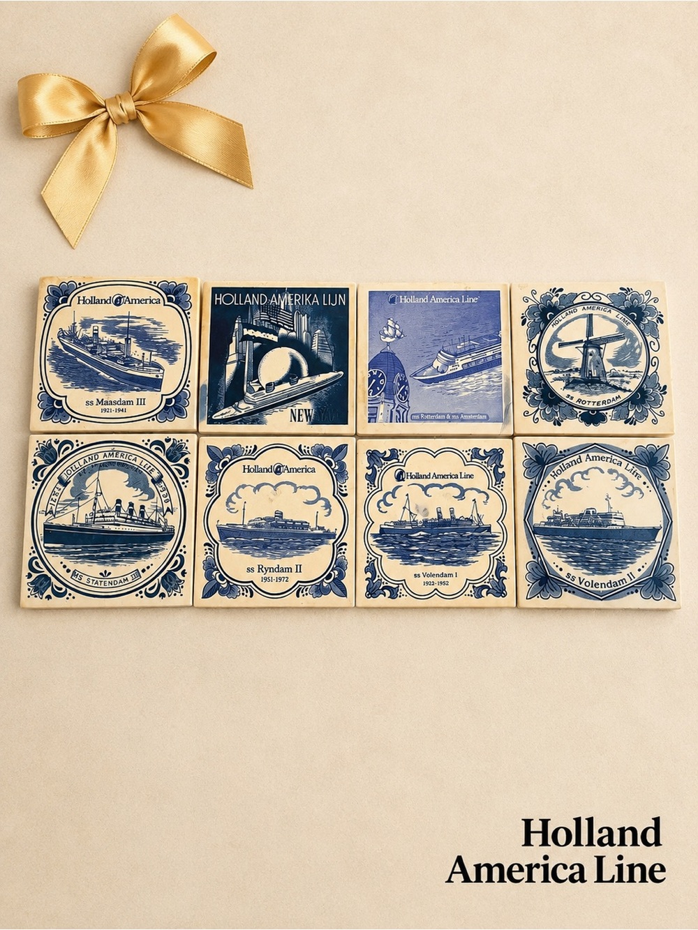 Vintage Holland America Line Delft Blue Ship Tile Coaster Set 8pc